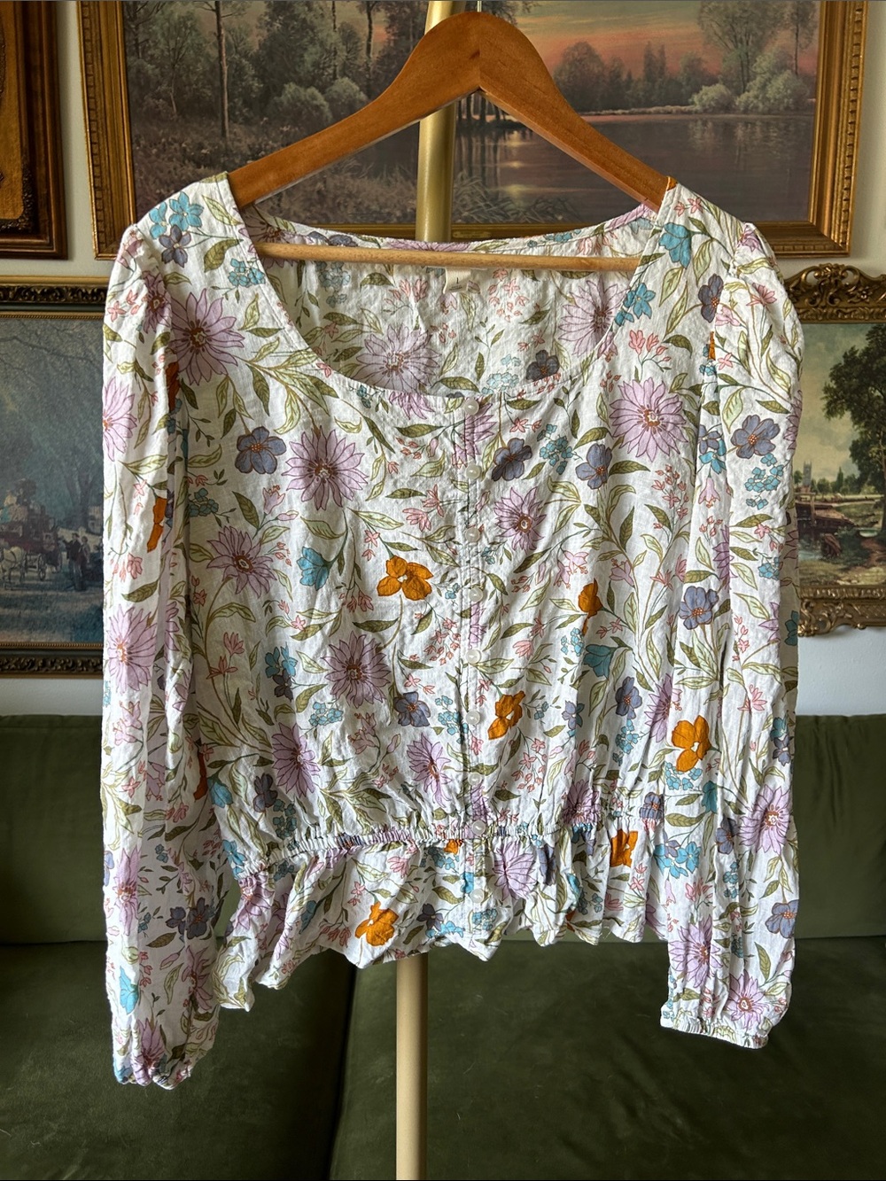 a.n.a Cream Floral Long Sleeve Peasant Blouse with Orange & Purple Accents